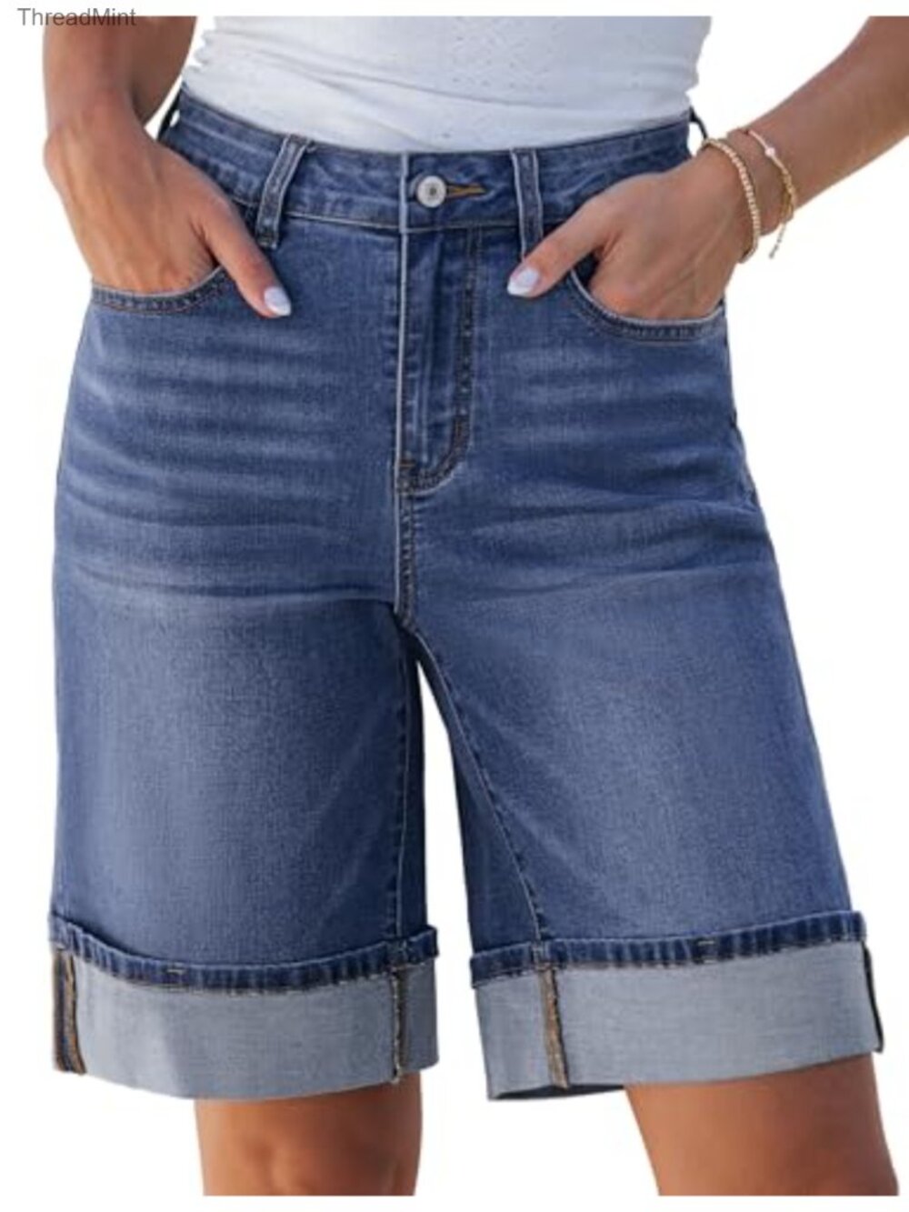 High Waisted Bermuda Jean Shorts Women Cuffed Stretch Denim Jorts